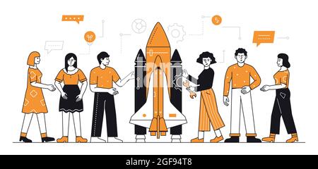 Startup project - modern line design style illustration in orange and black color. A team of young specialists working on the creation of a spacecraft Stock Vector