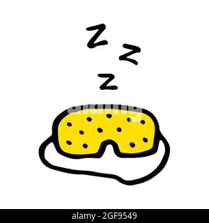 Yellow sleeping mask icon with snoring symbol. Vector illustration in doodle style. Hand drawn sign of accessory for relax. Cartoon print isolated on Stock Vector