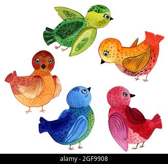 Watercolor hand-drawn illustration of robin birds isolated on white background. Sitting and flying birds in cartoon style red green blue colors. Decor Stock Photo