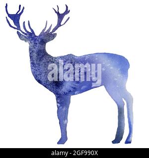 Watercolor hand drawn deer shilouette isolated on white. Wood wild animal with horns in blue color with drops standing alone. Winter and forest symbol Stock Photo