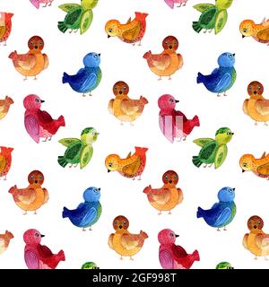 Watercolor hand-drawn seamless pattern of robin birds on white background. Sitting and flying birds in cartoon style red green blue colors. Decor Stock Photo