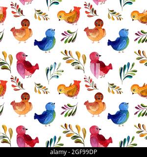 Watercolor hand-drawn seamless pattern of robin birds on white background. Sitting and flying birds in cartoon style red green blue colors. Decor Stock Photo