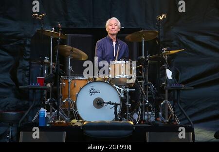 File photo dated 09/06/18 of Charlie Watts of the Rolling Stones during their gig at the Murrayfield Stadium in Edinburgh, Scotland. The Rolling Stones drummer Charlie Watts has died at the age of 80, his London publicist Bernard Doherty said in a statement to the PA news agency. Issue date: Tuesday August 24, 2021. Stock Photo