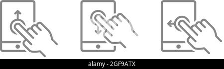 Set of up, down, left phone swipe gestures line icons for social media design. Mobile screen with hand symbols. Stock Vector