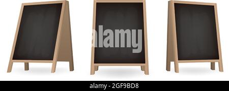 Set of black chalkboard a-frame standees in different views. Realistic blank board for menu announcement. Special street advertising equipment. Stock Vector