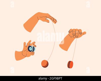 Yo-yo toy. Set of hands in various poses playing yo-yo. Vector isolated elements. Stock Vector