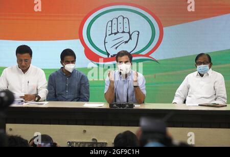 Indian National Congress party leader Rahul Gandhi (2nd from Right) and Former Finance Minister, P. Chidambaram (Extreme Right), K. C. Venugopal (2nd Left) address a press conference on National Monetisation Pipeline plan at Congress party headquarter. Rahul Gandhi said that Prime Minister Modi selling all assets created in the last 70 years to his industrialist friends and aimed to creating monopolies in the key sectors which will kill jobs for youths. Government plans to sell Roads, Railway, Power, Telecom, Mining, Aviation, Port, Natural Gas and Petroleum Products pipeline, Warehouses and Stock Photo