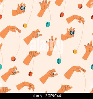 Yo-yo toy seamless pattern. Endless repeating print of hands in various poses while rotating yo-yo. Stock Vector