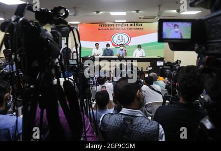 Indian National Congress party leader Rahul Gandhi (2nd from Right) and Former Finance Minister, P. Chidambaram (Extreme Right), K. C. Venugopal (2nd Left) address a press conference on National Monetisation Pipeline plan at Congress party headquarter.  Rahul Gandhi said that Prime Minister Modi selling all assets created in the last 70 years to his industrialist friends and aimed to creating monopolies in the key sectors which will kill jobs for youths. Government plans to sell Roads, Railway, Power, Telecom, Mining, Aviation, Port, Natural Gas and Petroleum Products pipeline, Warehouses and Stock Photo