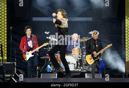 File photo dated 09/06/18 of (from left) Ronnie Wood, Mick Jagger, Charlie Watts and Keith Richards of the Rolling Stones during their gig at the Murrayfield Stadium in Edinburgh, Scotland. The Rolling Stones drummer Charlie Watts has died at the age of 80, his London publicist Bernard Doherty said in a statement to the PA news agency. Issue date: Tuesday August 24, 2021. Stock Photo