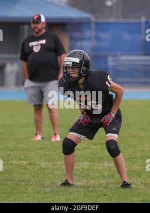 Football action with Post Falls vs Coeur d'Alene High School in Coeur d'Alene, Idaho. Stock Photo