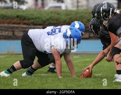 Football action with Post Falls vs Coeur d'Alene High School in Coeur d'Alene, Idaho. Stock Photo