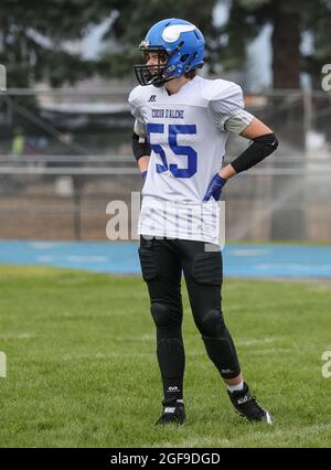 Football action with Post Falls vs Coeur d'Alene High School in Coeur d'Alene, Idaho. Stock Photo