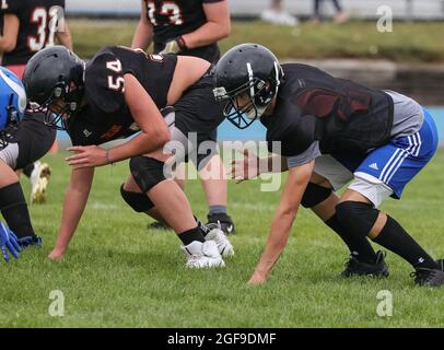 Football action with Post Falls vs Coeur d'Alene High School in Coeur d'Alene, Idaho. Stock Photo