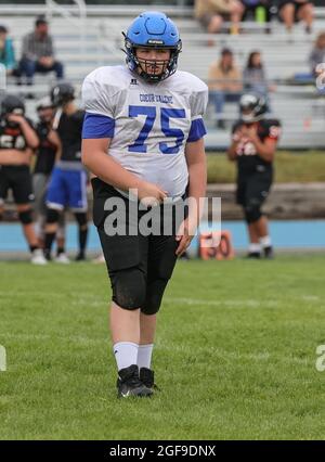 Football action with Post Falls vs Coeur d'Alene High School in Coeur d'Alene, Idaho. Stock Photo