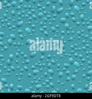 Water drops on blue background. Condensation of realistic pure rain droplets. Seamless pattern Stock Vector
