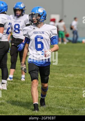 Football action with Post Falls vs Coeur d'Alene High School in Coeur d'Alene, Idaho. Stock Photo