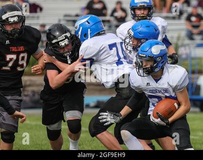 Football action with Post Falls vs Coeur d'Alene High School in Coeur d'Alene, Idaho. Stock Photo