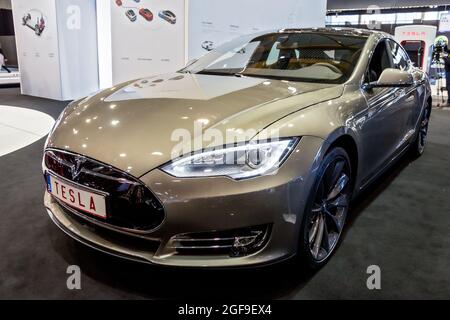 Tesla Model S electric car showcased at the Brussels Expo Autosalon motor show. Belgium - January 12, 2016 Stock Photo