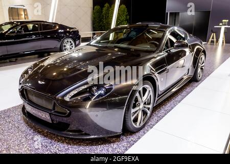 Aston Martin V12 Vantage S sports car showcased at the Brussels Expo Autosalon motor show. Belgium - January 12, 2016 Stock Photo