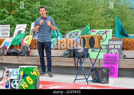 Speaker at Extinction Rebellion protest,  Robson Square, Vancouver, British Columbia, Canad Stock Photo