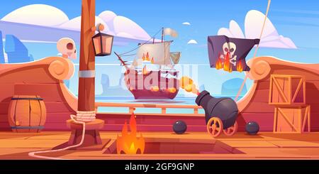 Pirate ship battle, wooden brigantine boat deck Stock Vector