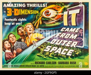 Vintage 1953 Movie Film 'It came from outer space' starring Richard Carlson Barbara Rush  It Came from Outer Space is a 1953 American black-and-white science fiction horror film, the first in the 3D process from Universal-International. It was produced by William Alland and directed by Jack Arnold. The film stars Richard Carlson and Barbara Rush, and features Charles Drake, Joe Sawyer, and Russell Johnson. The script is based on Ray Bradbury's original story treatment Stock Photo