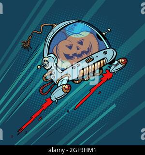 Halloween pumpkin in space, an autumn holiday. The Terrible Astronaut Stock Vector