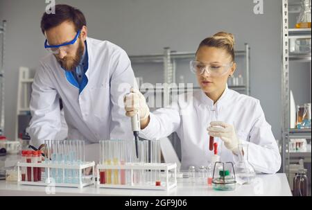 Team of focused scientists working together on sample analyzes while working in a lab. Stock Photo