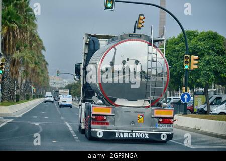 Malaga, Spain August 24, 2021, tanker on the road of the city of Malaga Stock Photo