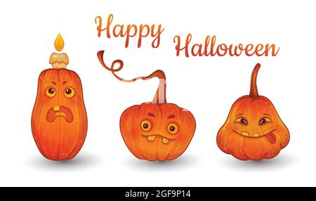 Happy Halloween pumpkin lantern seton white. Cute funny glowing cartoon monsters with candle. Carving face on gourd. Symbol autumn holiday. Vector Stock Vector
