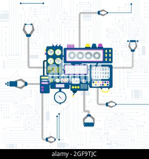 Machine with claws fixing up elements of electronic circuit. Stock Vector