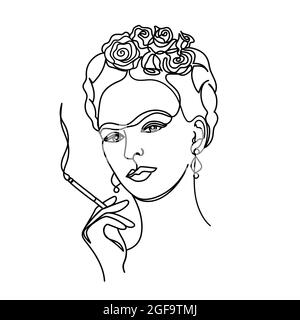 Frida woman in a modern one line style. Stock Vector