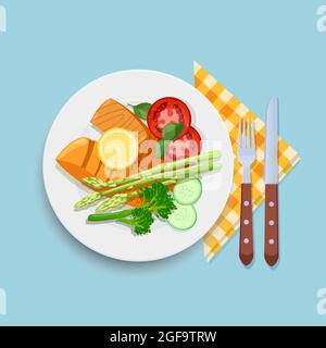 Grilled salmon with vegetables on the plate Stock Vector