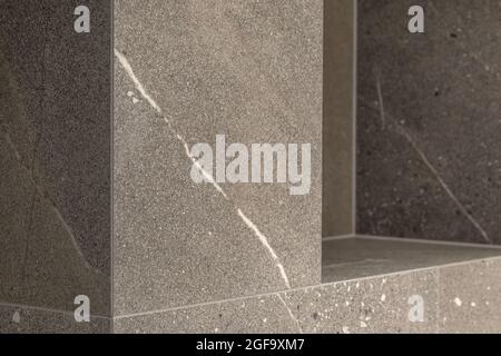 Modern minimalist bathroom beige wall interior design with marble tiles Stock Photo