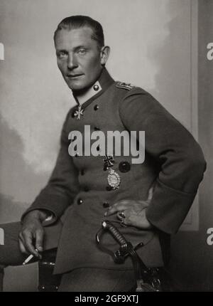 A 1918 portrait of Nazi head of the Luftwaffe Germann Göring as a WW1 fighter pilot. He was captured in 1945, tried and condemned to death at Nuremberg in 1946. He committed suicide hours before he was due to be hanged. Stock Photo