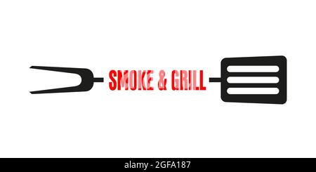 Barbecue or grill appliances on a white background. BBQ fork with spatula and red text Smoke and Grill. Logo or symbol template Stock Vector
