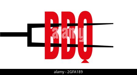 Red BBQ text on black barbecue or grill fork. Logo or symbol template. Barbecue concept, grills for a picnic or a party Stock Vector