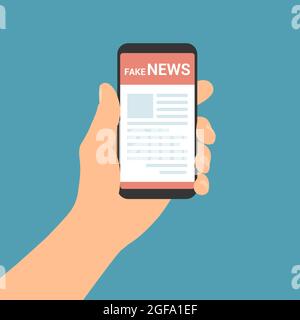 Flat design illustration of male hand holding mobile phone with online newsletter and text fake news - vector Stock Vector