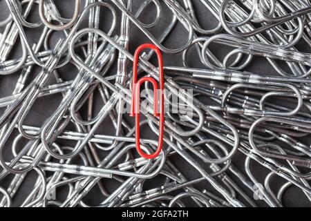 A red paper clip stands out against a textured background of silver paper clips. Concept Stock Photo