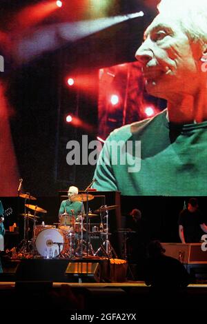 London, UK. 24th Aug, 2021. (File Image) Rolling Stones drummer Charlie Watts, has died at the age of 80 in London on August, 24, 2021. His death, in a hospital, was announced by his publicist, Bernard Doherty. No other details were immediately provided. File Image - Charlie Watts performing with the Rolling Stones at the Rock in Rio music festival in Lisbon in 2014. (Credit Image: © Pedro Fiuza/ZUMA Press Wire) Stock Photo