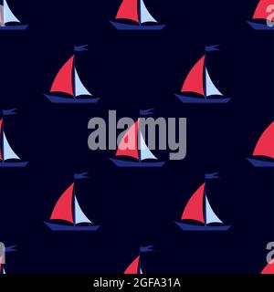 Seamless background. Sailboat on a dark, blue background Stock Vector