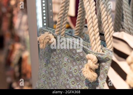 Bag with rope handle. Renewable accessories concept. Stock Photo