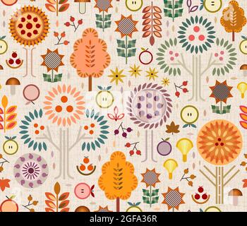 Fall harvest time seasonal concept with apples, plums, berries, unique shaped mushrooms, trees with color-changing leaves, earthy florals geometrics. Stock Vector