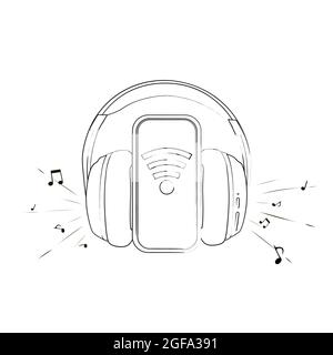 A linear drawing of headphones and a smartphone, a conceptual design of a banner for a music streaming service. Close-up.Vector Stock Vector