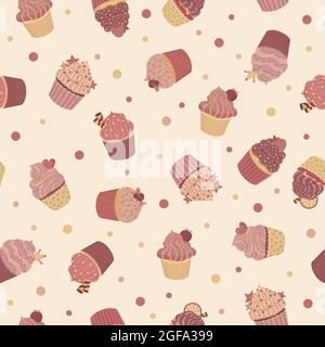 Cute chocolate cupcakes. Lovely texture with brown pastel muffins. Sweet dessert print. Vector seamless illustration Stock Vector