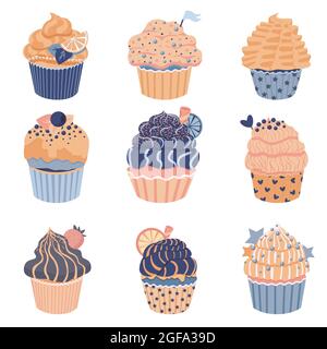 Set of cute little cupcakes with cream and berries. Delicious dessert with different decor. Blue pastel sprinkles muffins collection. Vector Stock Vector