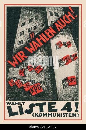 Germany 1920’s Election Propaganda Poster: 1924 RUSSIAN COMMUNIST Propaganda Card No. 4 'We vote too! Choose list 4! Germany “WIR WAHLEN AUCH ! KPD Communist Party of Germany Kommunistische Partei Deutschlands Stock Photo