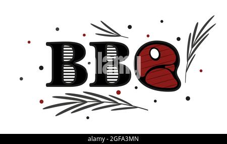BBQ text with beef steak and spices, pepper, rosemary sprigs. Logo or symbol template. Barbecue concept, grills for a picnic or a party Stock Vector