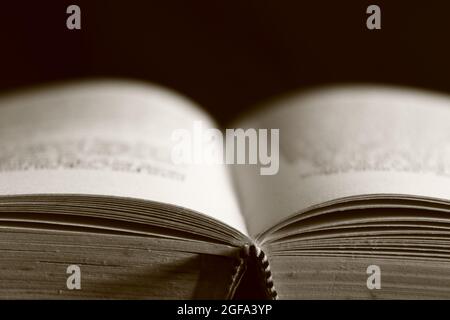 Old book opened on display Stock Photo